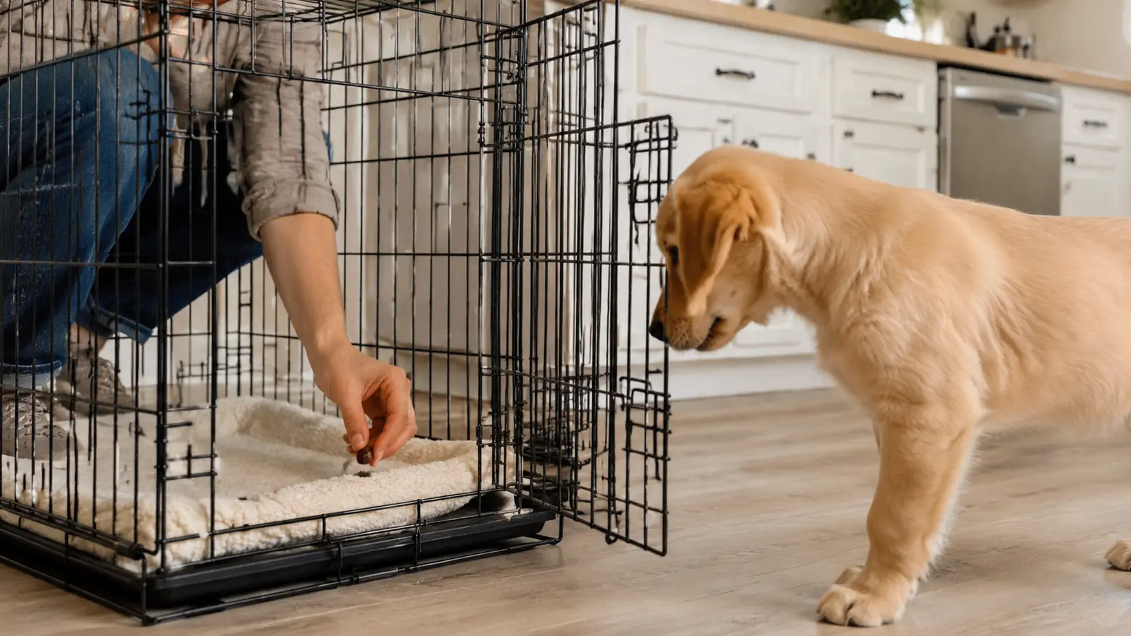 A hand dropping a small treat into the back of an open dog crate while a young dog looks in from the front