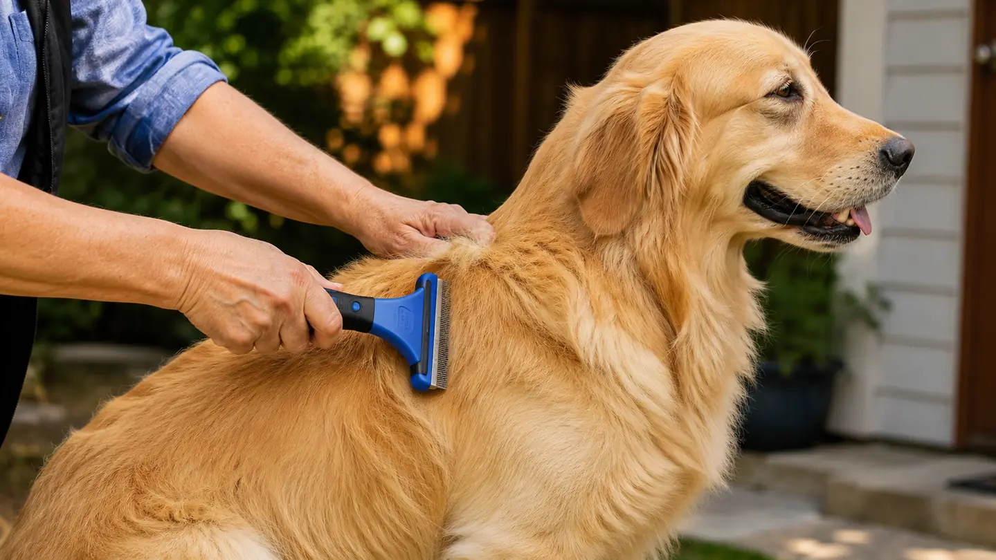 A hand running a deshedding tool through the shoulder coat of a golden retriever in a sunny yard