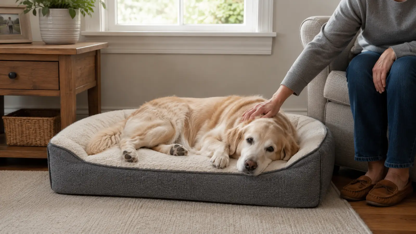 An older dog lying comfortably on an orthopedic dog bed in a living room corner