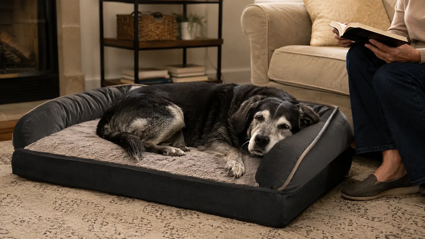 A senior dog lying comfortably on the orthopedic dog bed, head resting on the raised edge