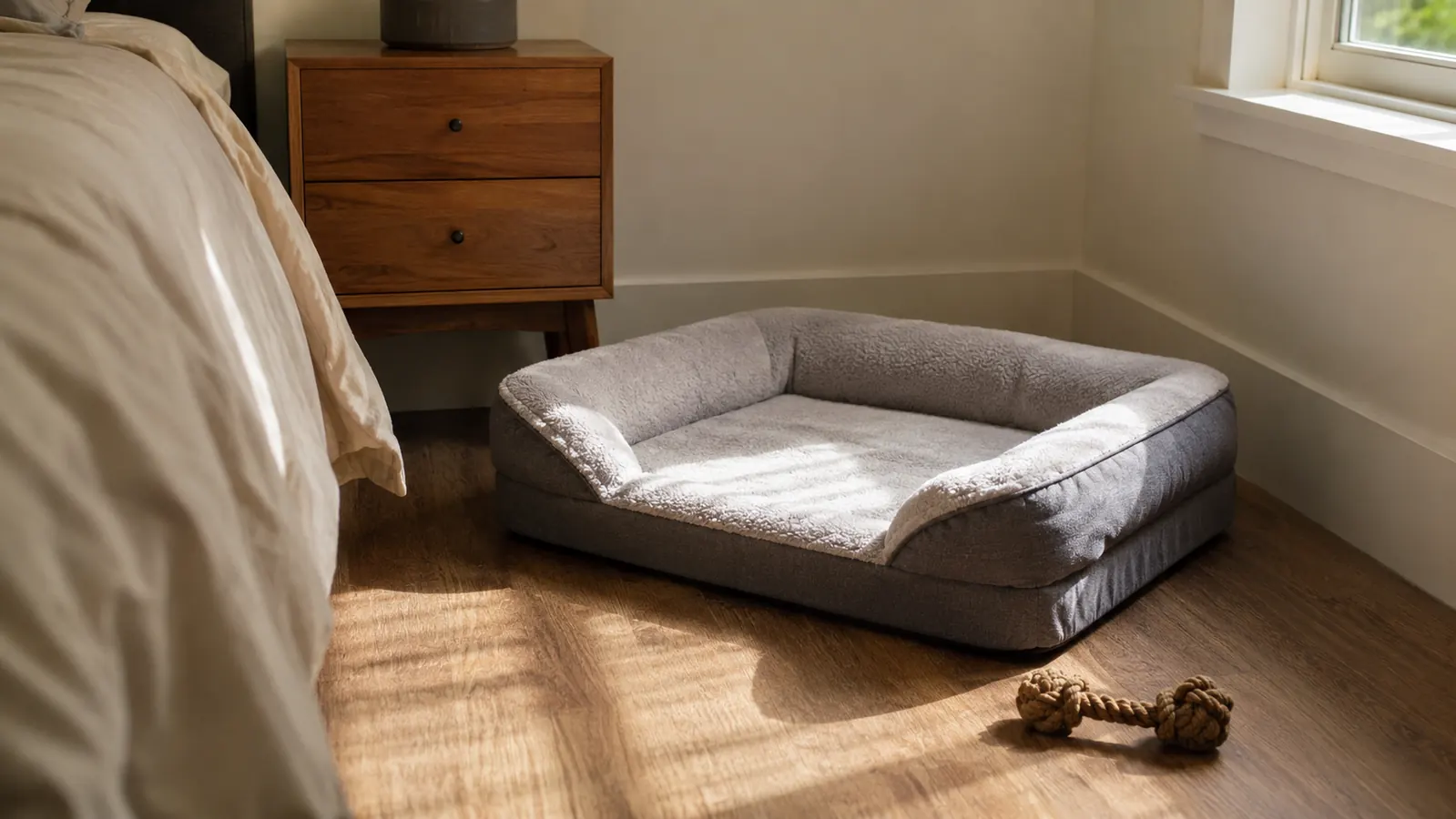 An empty dog bed in the corner of a bright bedroom with morning sunlight across the floor