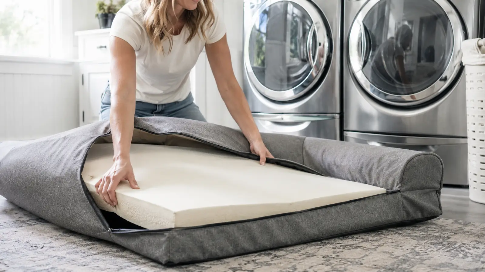 A person unzipping the removable cover of a large L-shaped orthopedic dog bed and sliding the foam core out for washing