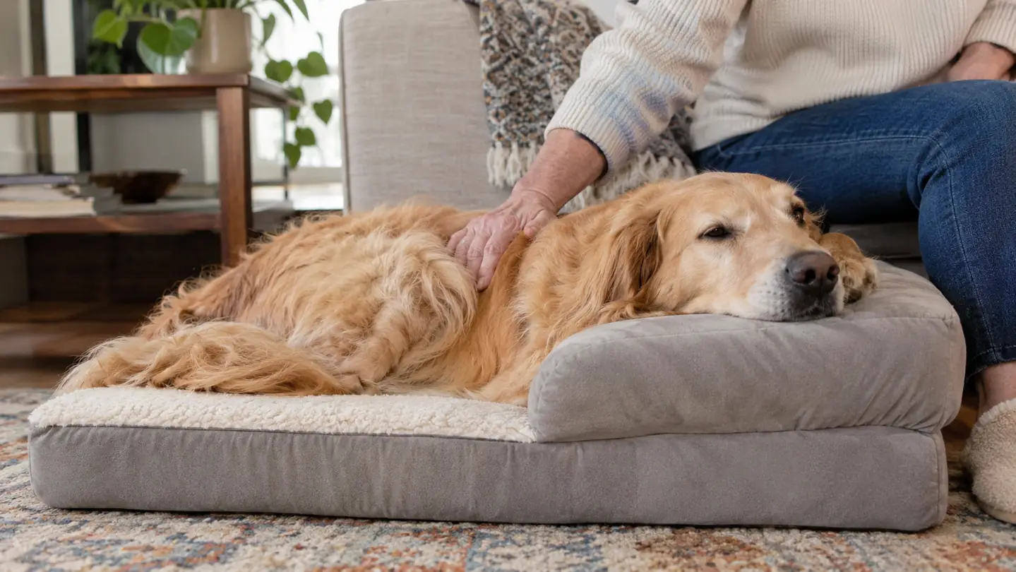 A dog lying on the FurHaven orthopedic bed with her head resting on the raised L-shaped bolster