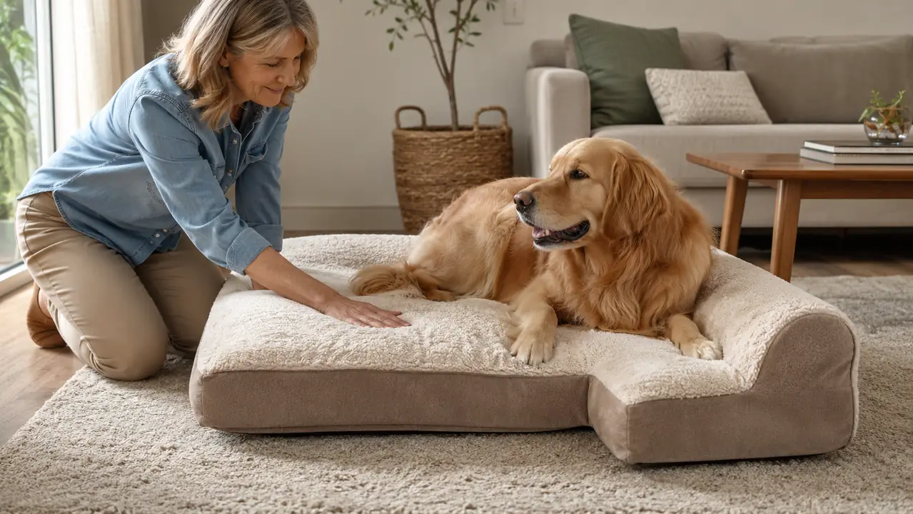 An owner smoothing the plush cover of an L-shaped dog bed while the dog settles onto it