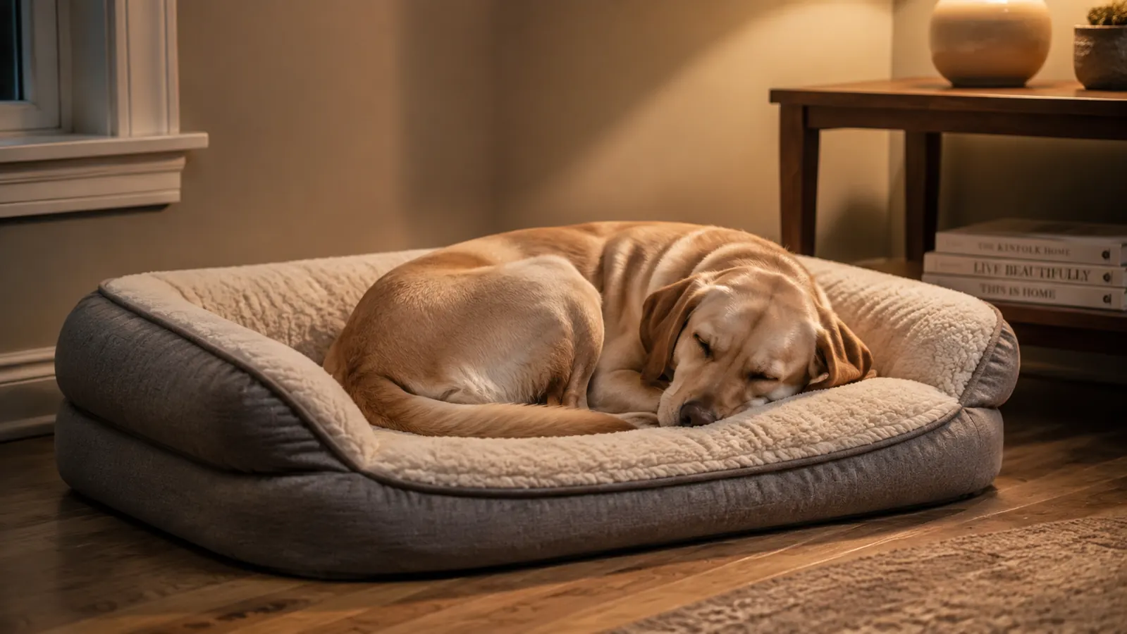 A dog curled up asleep on a thick orthopedic dog bed with a raised edge in the corner of a room