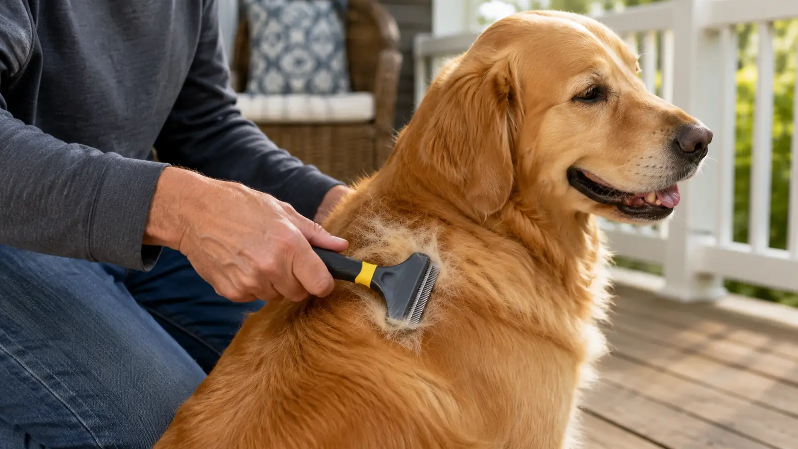 A hand guiding a deshedding tool through the thick golden coat of a retriever sitting on a porch, loose undercoat lifting away