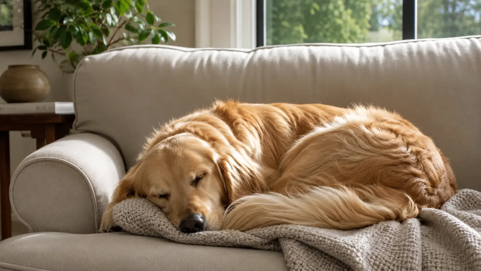 A golden retriever curled asleep on a blanket on a tidy living room couch in bright natural light