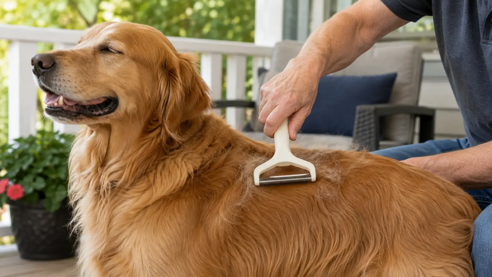 A hand gliding a deshedding tool along the back of a long-haired golden retriever on a porch