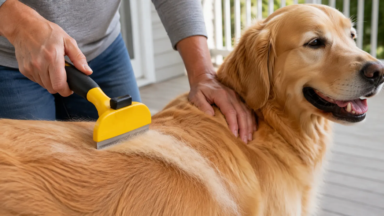A hand running the deshedding tool through a golden retriever's back, loose fur lifting from the coat