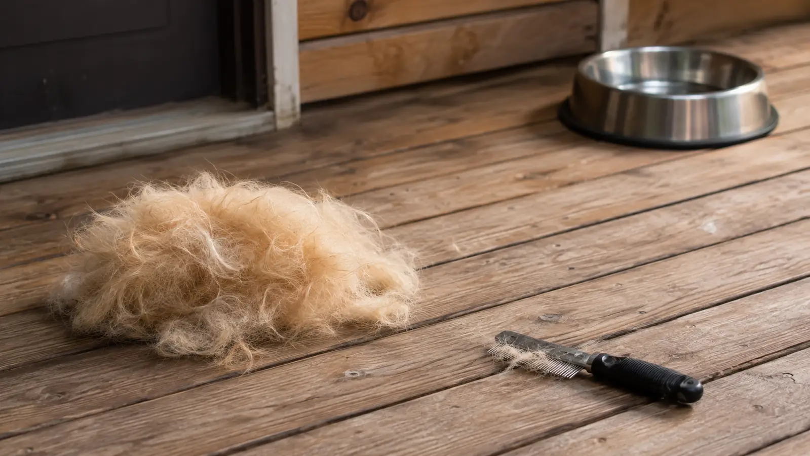 A neat pile of light golden fur swept to one corner of a wooden porch floor beside a stainless steel water bowl