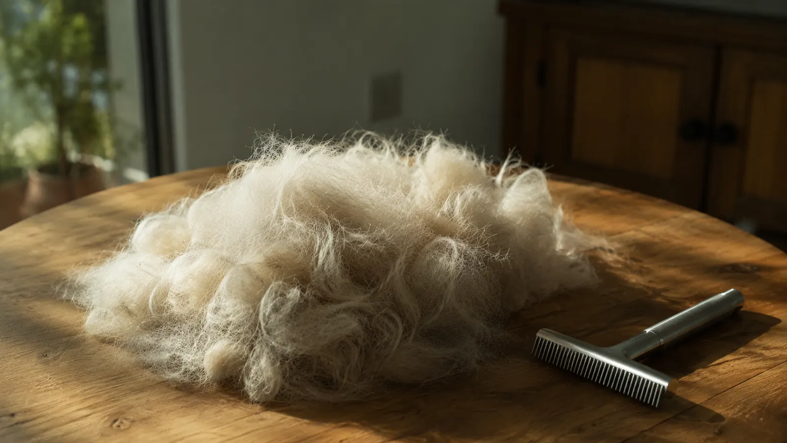 A close view of a large clump of brushed-out dog undercoat fur on a wooden table beside a grooming tool