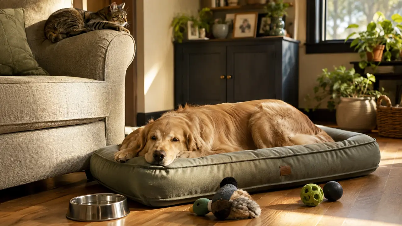 A dog and a cat resting together on a warm living room couch with pet gear nearby