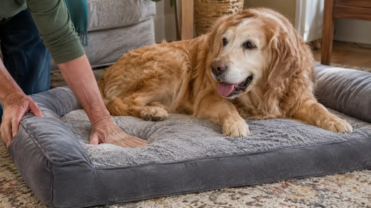 A hand pressing into the surface of an orthopedic dog bed to test its firmness while a senior dog lies on it