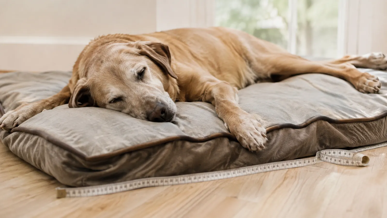 A soft tape measure laid along the floor beside a sleeping older dog stretched out on a large dog bed