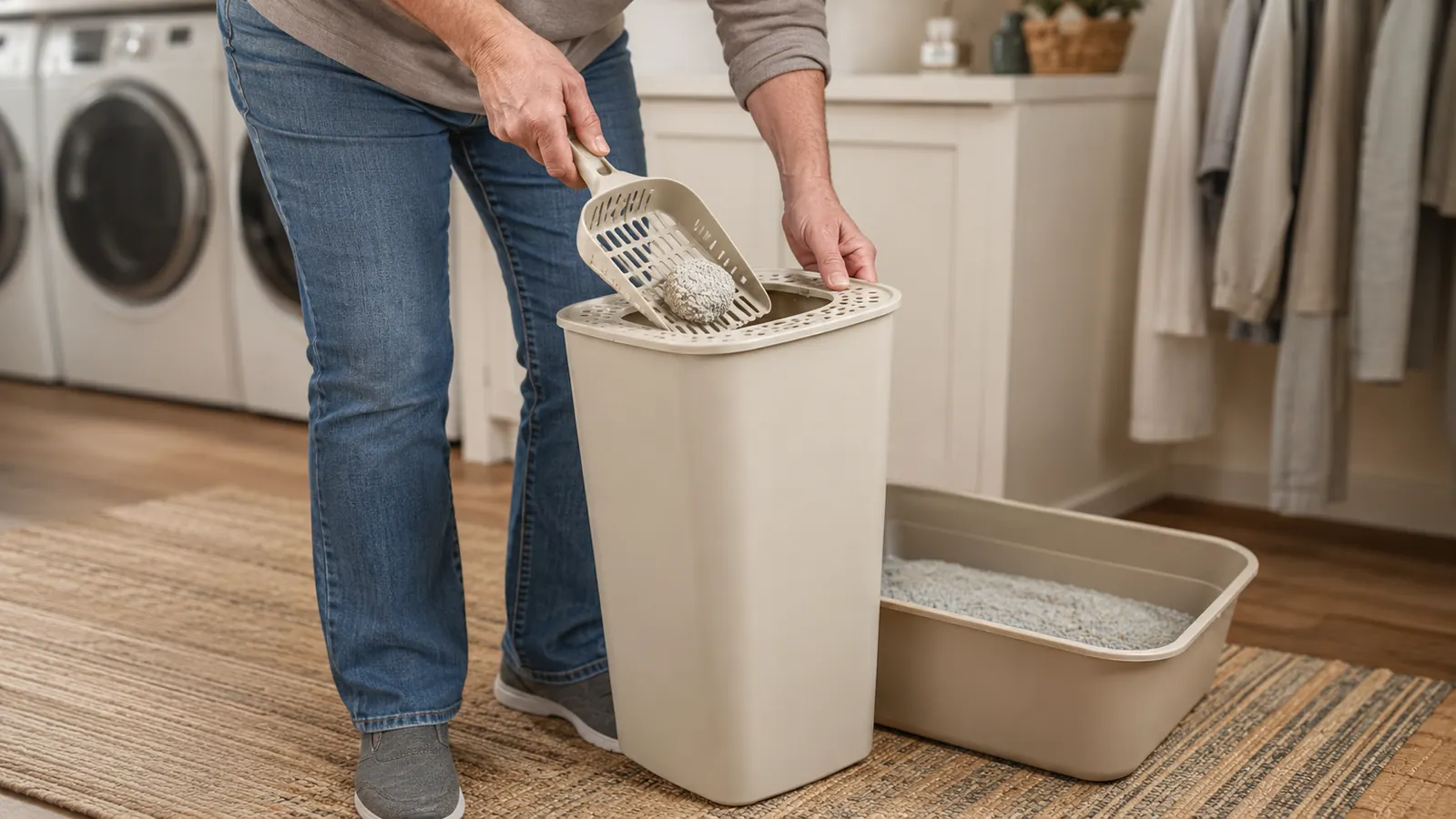 A hand pushing a scooped clump of litter through the top opening of a litter pail beside a litter box