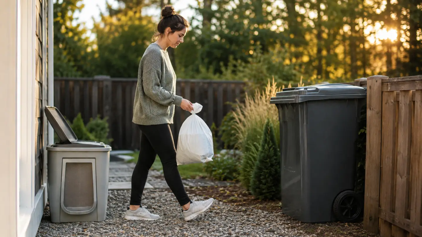 A person carrying a tied-off litter bag out to an outdoor trash bin in late afternoon light