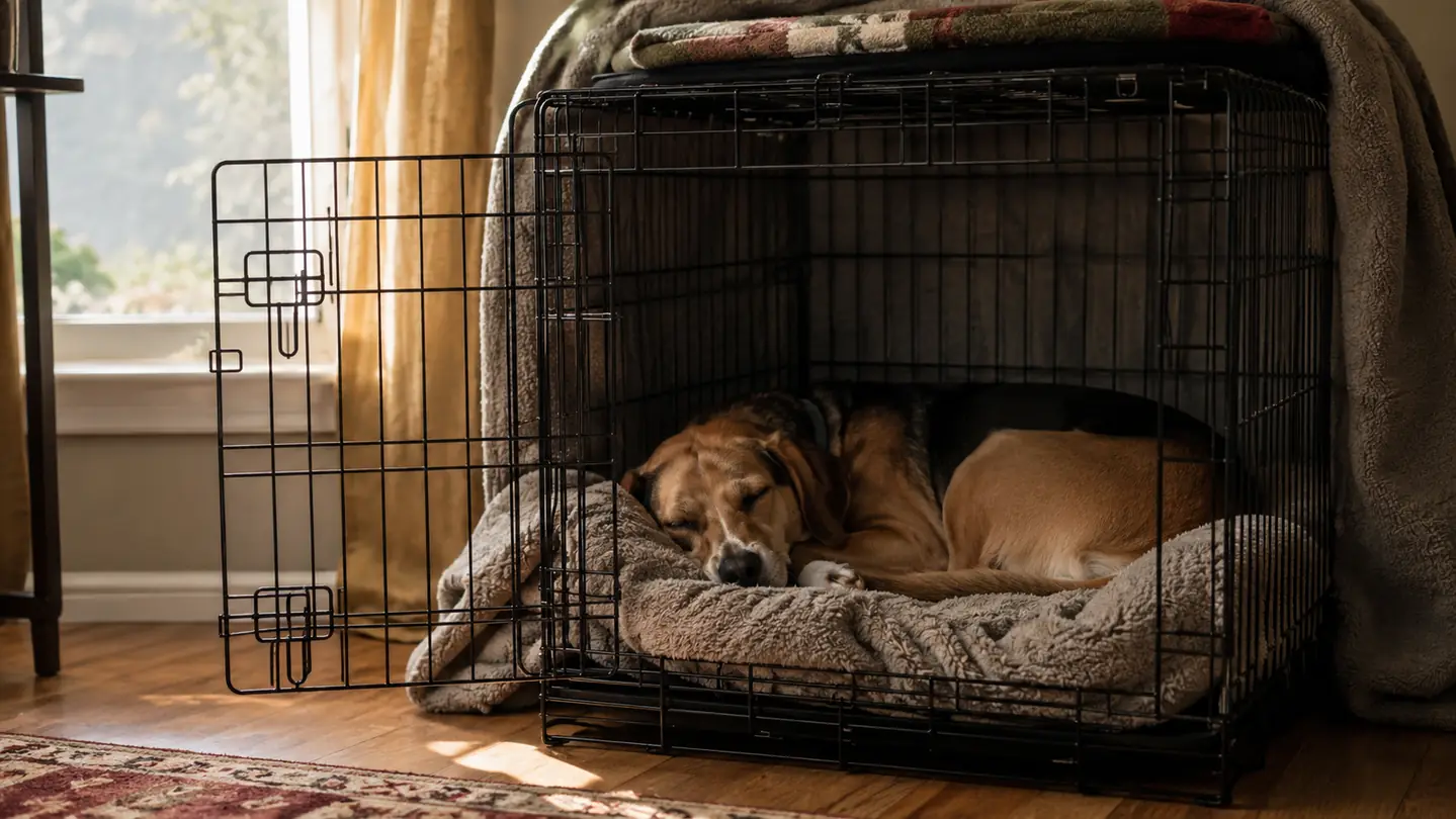 A dog curled up asleep on a soft blanket inside a wire crate with the door open, late afternoon light