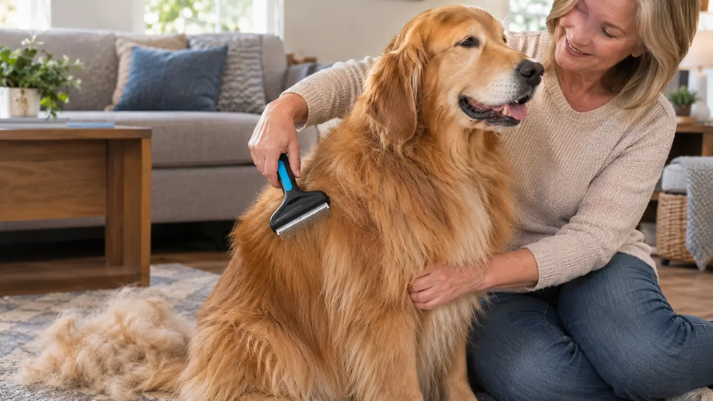 A hand drawing a deshedding tool through the thick coat of a long-haired dog sitting on a living room floor with loose fur gathering beside it