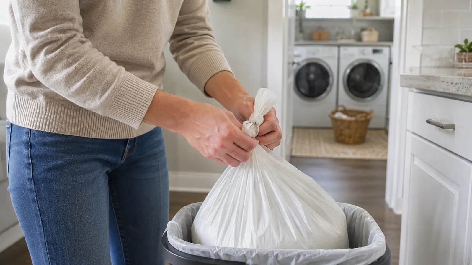Hands tying off the top of a full litter disposal bag before taking it out to the trash.