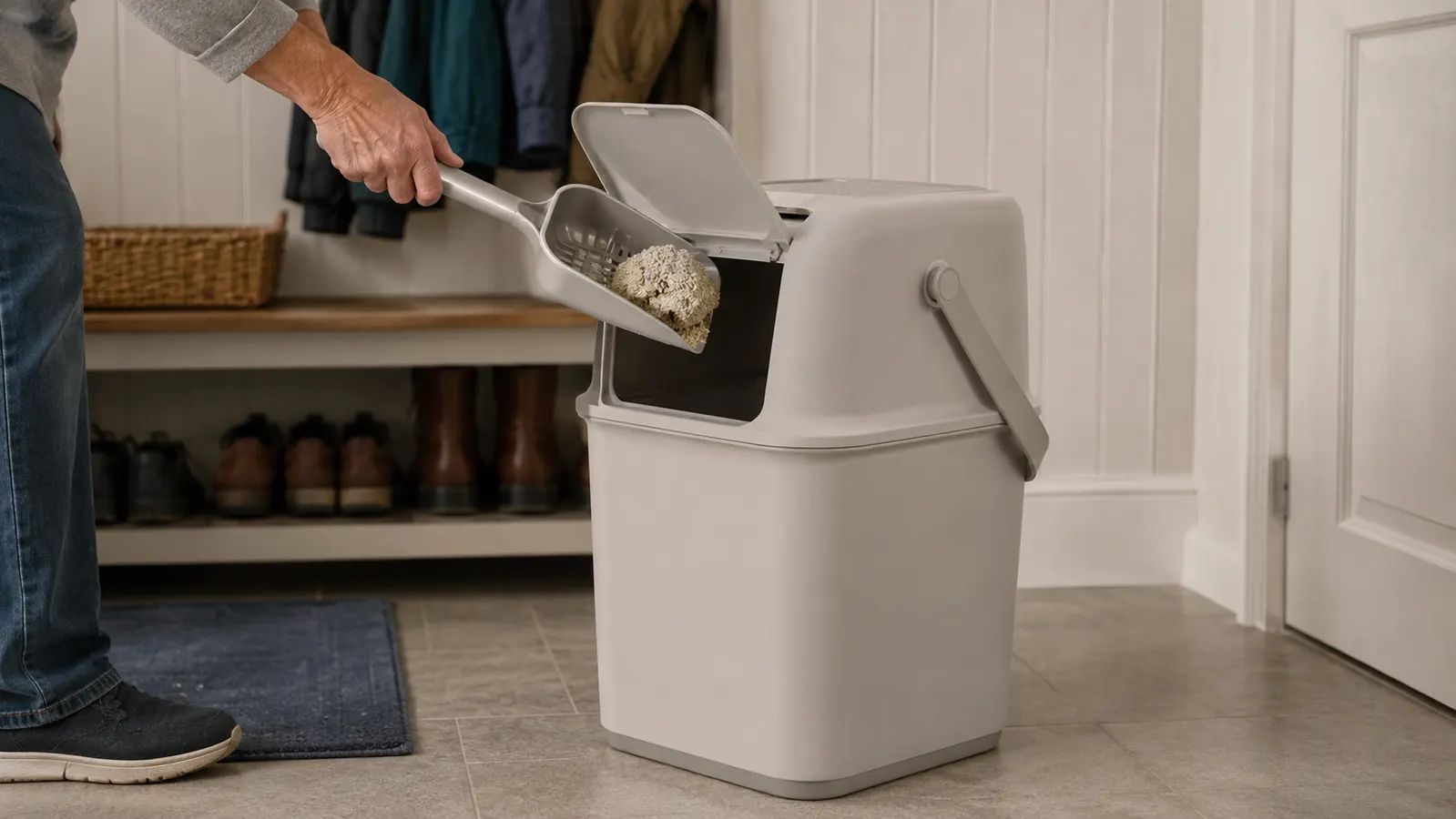 A person's hand holding a cat litter scoop and dropping a clump of used litter into the open flap of a plastic litter pail