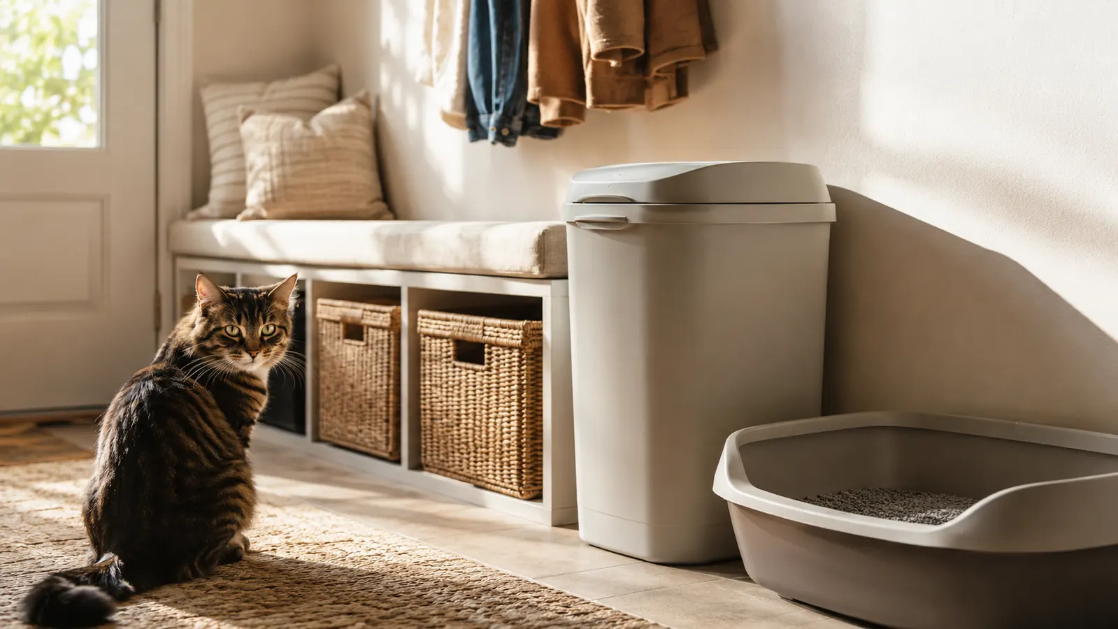 A closed plastic litter pail standing against a wall beside a litter box in a mudroom, with a cat sitting on a mat nearby in warm late-afternoon light