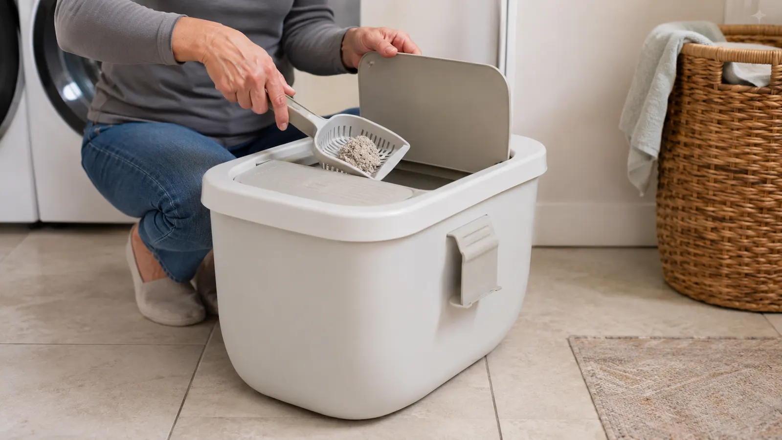 A person's hand holding a cat litter scoop and pushing a clump of litter through the trapdoor opening of a litter pail