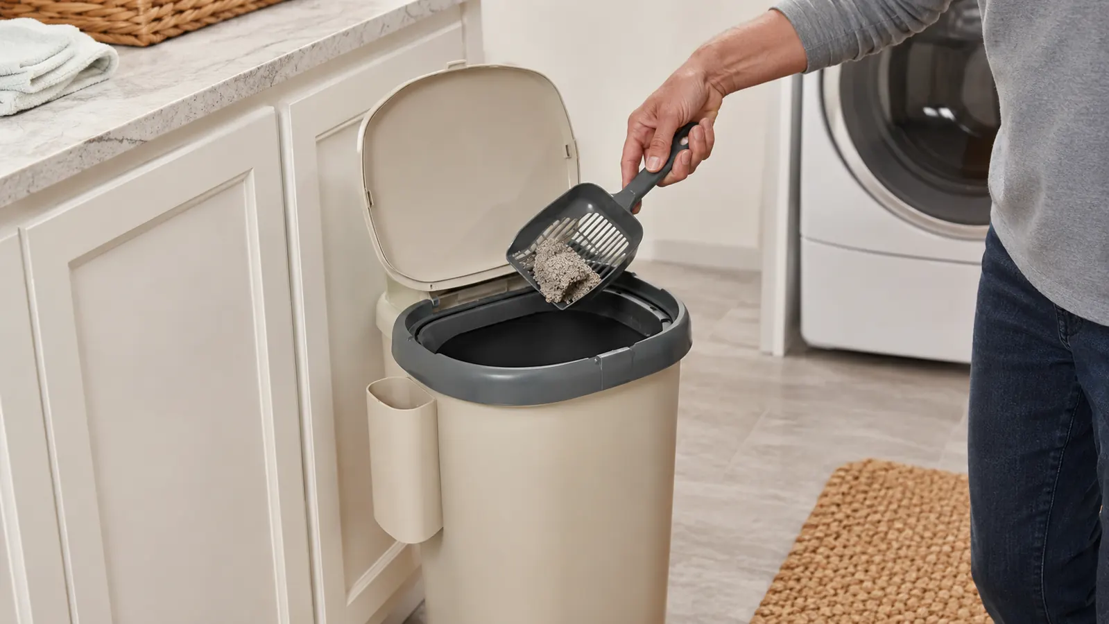 A hand dropping a scoop of used cat litter into the open trap door of the disposal pail
