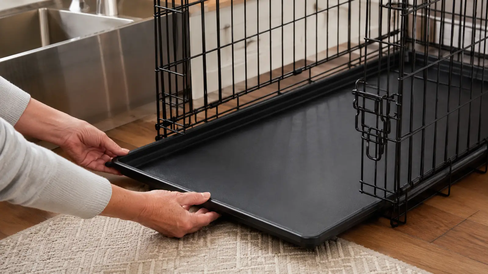 Hands lifting the plastic tray out of the bottom of the folding wire crate for cleaning