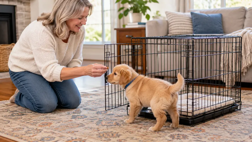 A person kneeling beside an open wire dog crate holding a small treat toward a puppy standing just outside the door, encouraging it inside