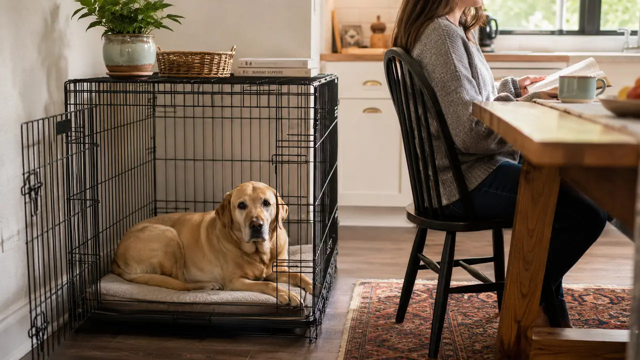 A grown yellow Lab lying calmly inside an open wire dog crate in a bright kitchen while a person sits nearby at a table reading