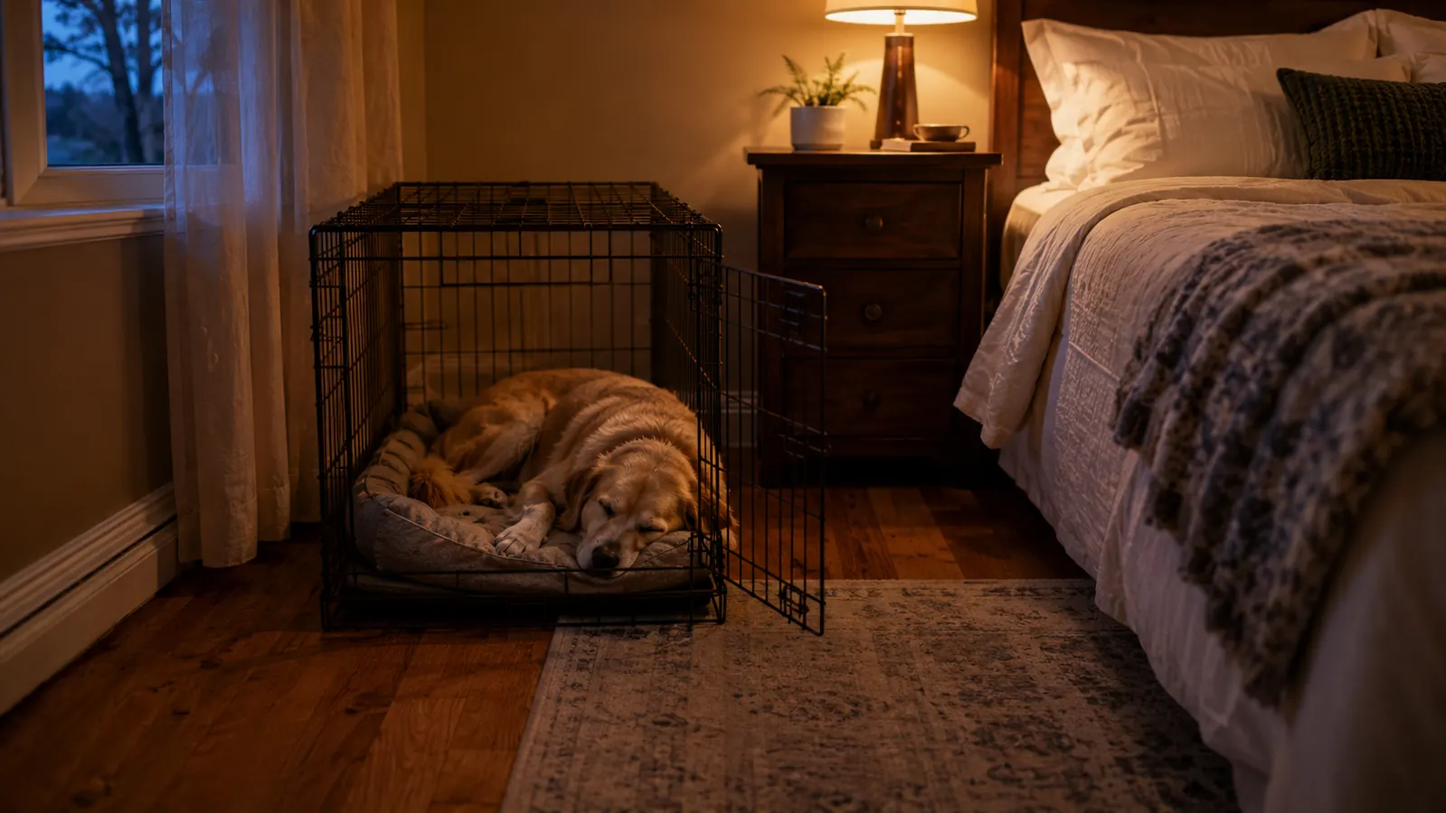 A dog sleeping in a folding wire crate near the foot of a bed in a calm bedroom at dusk