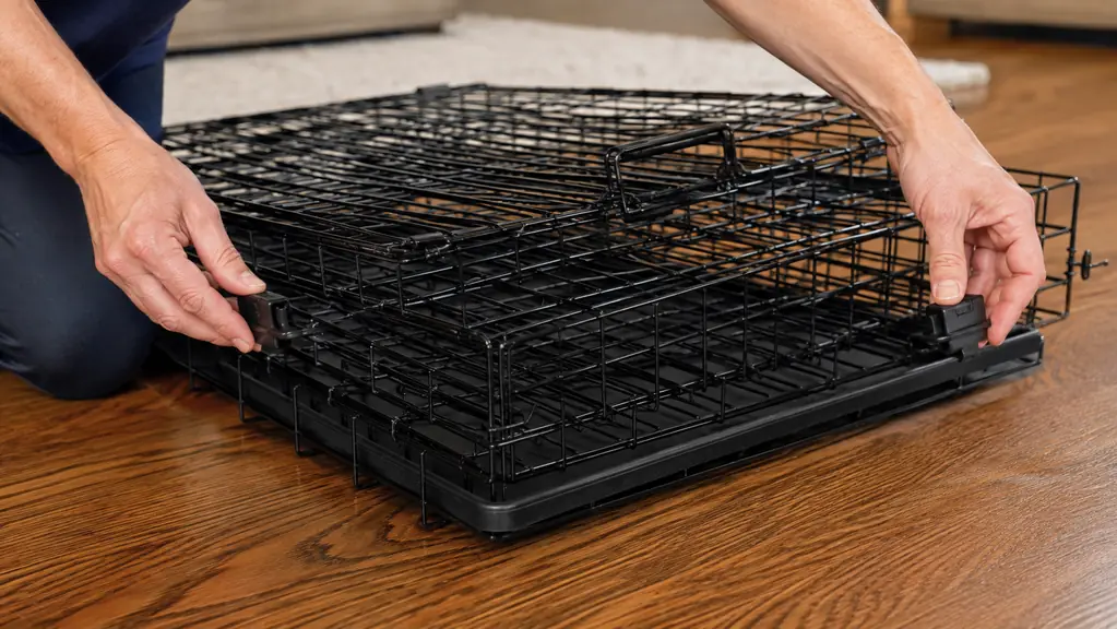 A person's hands pressing the release tabs and folding a wire dog crate flat on a hardwood floor