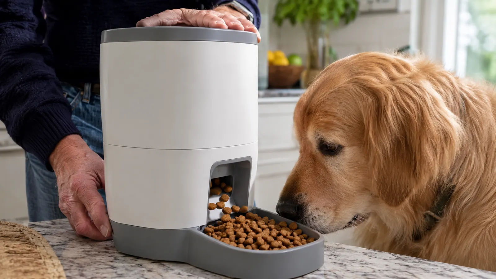 An automatic pet feeder dispensing a portion of dry kibble into its tray while a dog watches closely