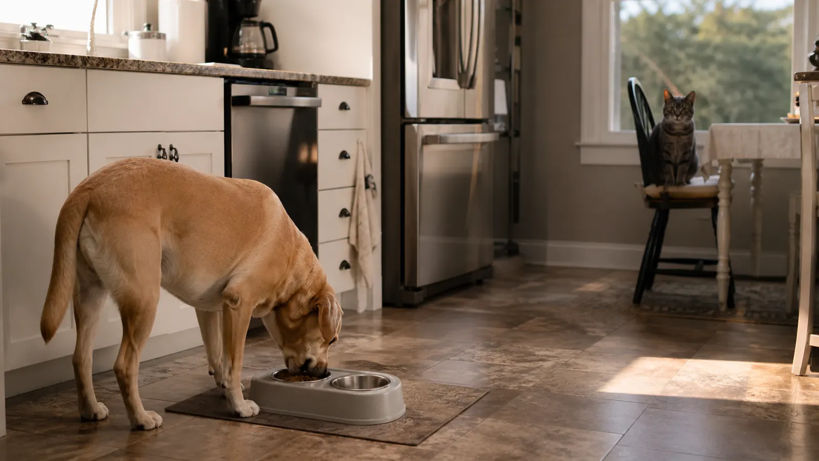 A calm kitchen at breakfast time, a dog eating from a feeder tray on the floor while a cat sits across the room on a chair
