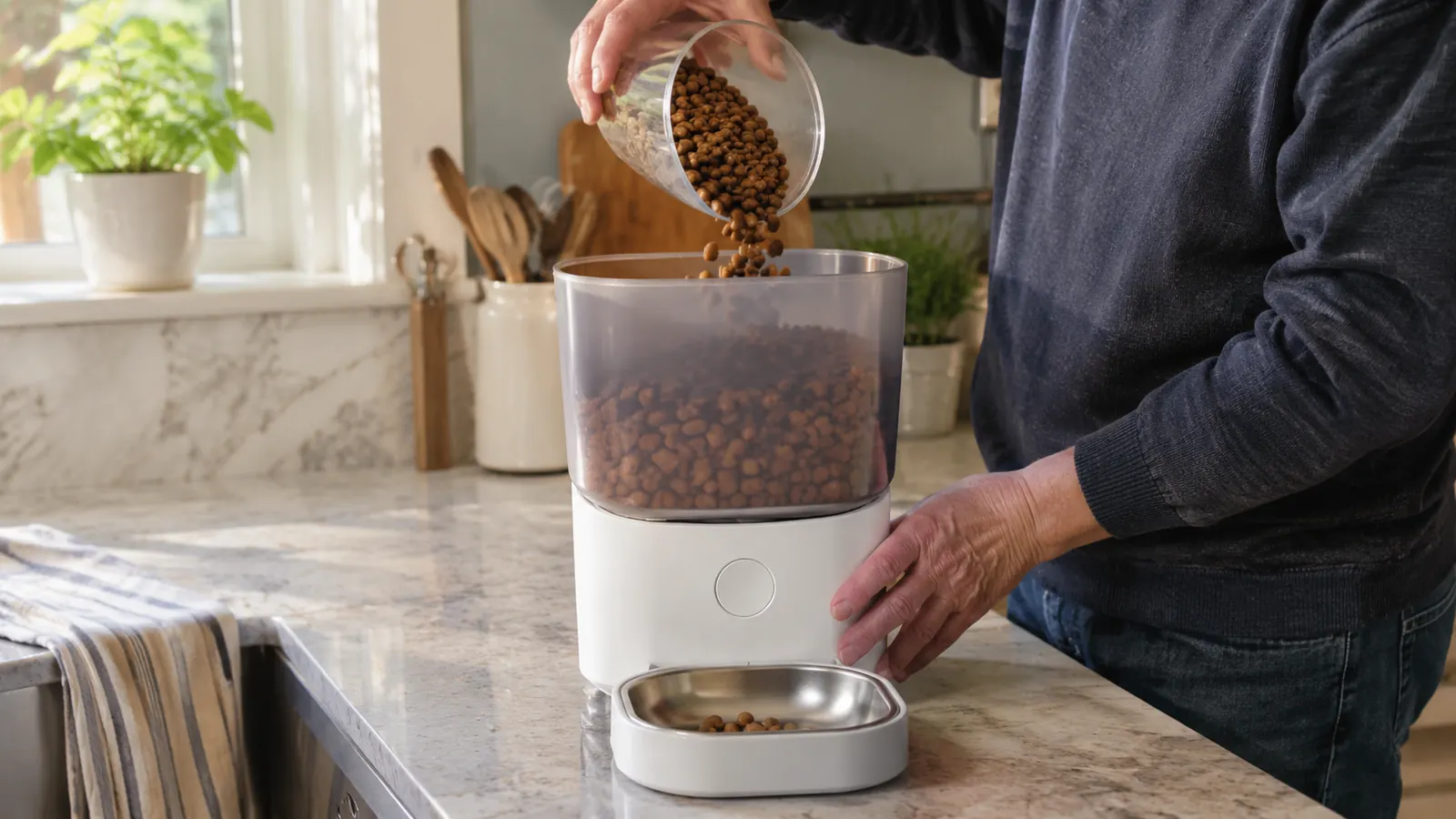 A hand pouring dry kibble into the top of an automatic pet feeder at a kitchen counter