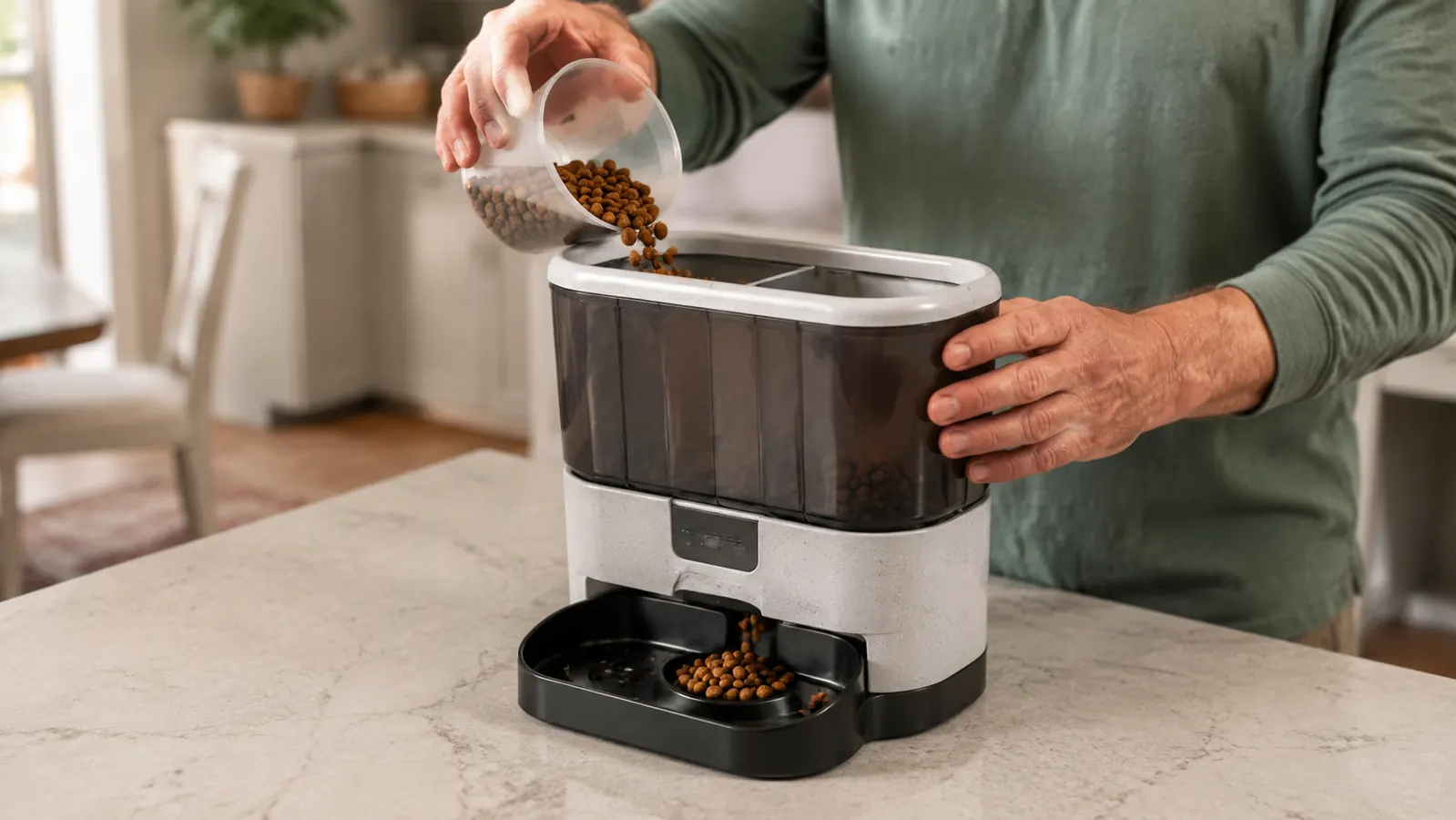 Hands filling an automatic pet feeder with dry kibble from a measuring cup on a kitchen counter