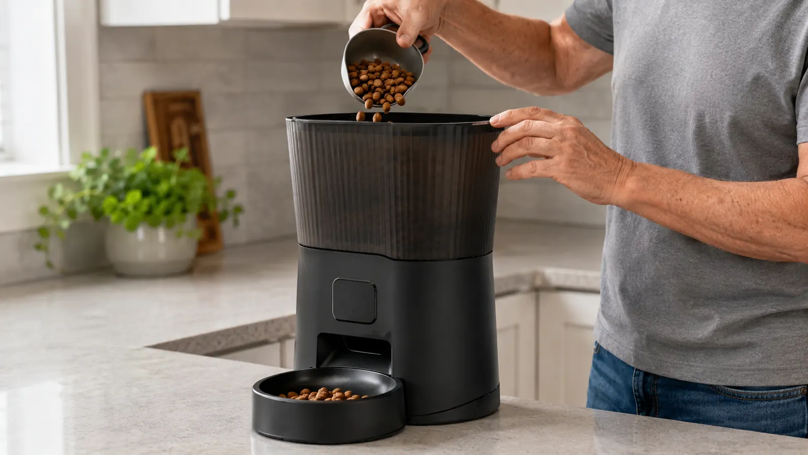 A hand pouring dry kibble into the top hopper of an automatic pet feeder on a kitchen counter